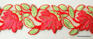 Gold Sheer Trim With Red And Green Floral Embroidery, Approx. 55mm Wide